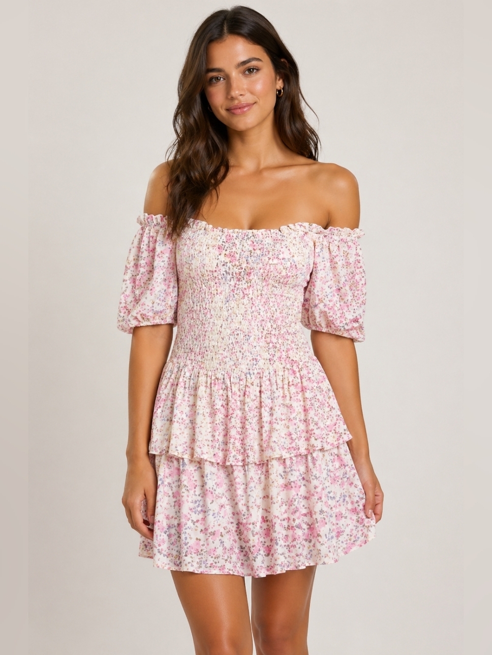 NWT Japna Floral Smocked Mini Dress Size L Off The Shoulder Tiered Prairiecore